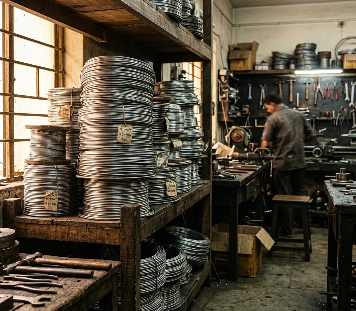 Coils of spring steel wire in the workshop