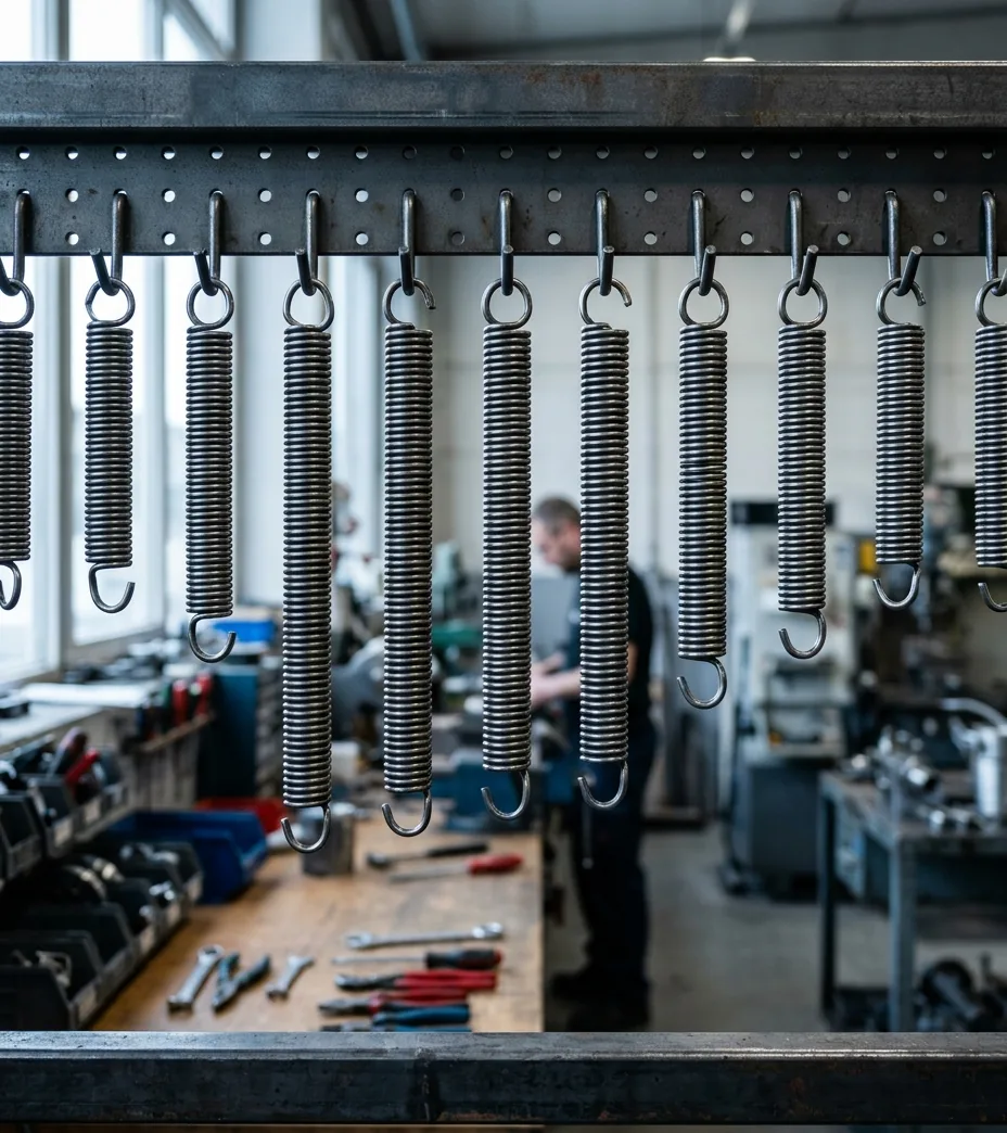 Extension springs hanging on a rack